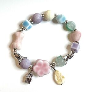 Pink Flower Bracelet Pastel Blue Purple Green Ceramic Beads Silver Stretchy